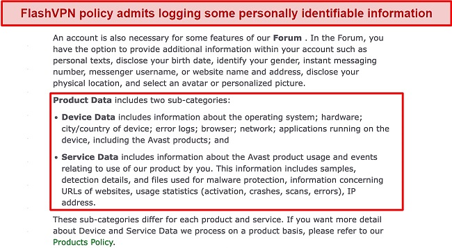Screenshot of an excerpt from Flash VPN's privacy policy