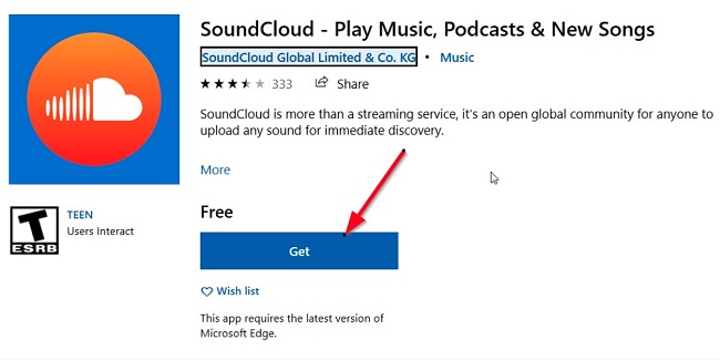 Captura de pantalla del botón de descarga de SoundCloud