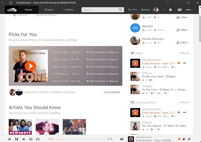 SoundCloud インターフェイスのスクリーンショット