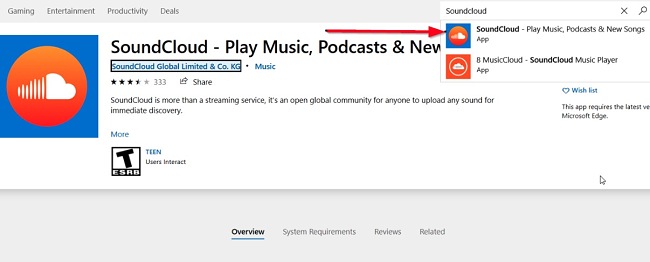 SoundCloud mağaza ekran görüntüsü