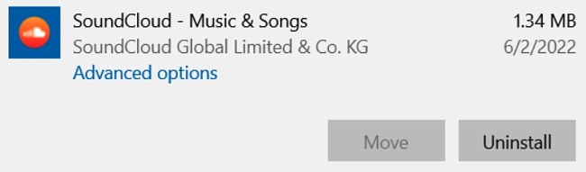 Captura de pantalla de desinstalación de SoundCloud