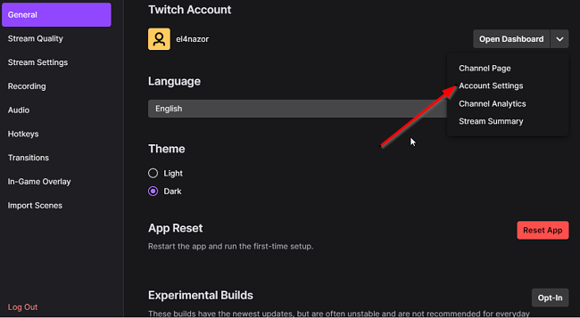 Twitch account settings screenshot