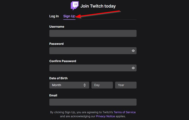 Captură de ecran din formularul de înscriere Twitch