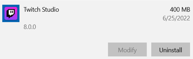 Captura de pantalla de desinstalación de Twitch