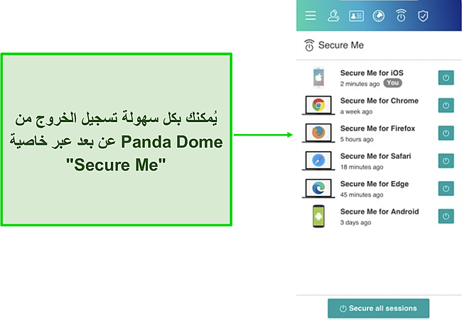 لقطة شاشة للوحة معلومات Panda Dome's Secure Me.