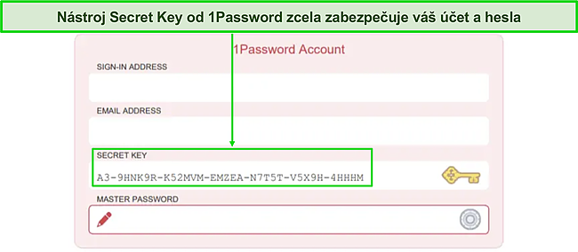 Snímek obrazovky přihlašovací stránky účtu 1Password's Secret Key.