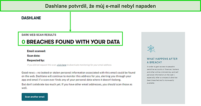 Snímek obrazovky Dashlaneova hlášení o narušení dat.