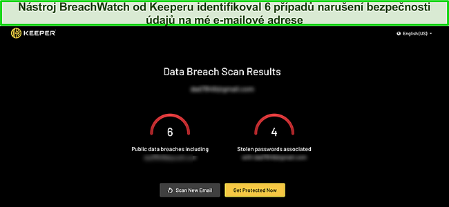 Snímek obrazovky s výsledky narušení dat nástroje Keeper pro monitorování temného webu.