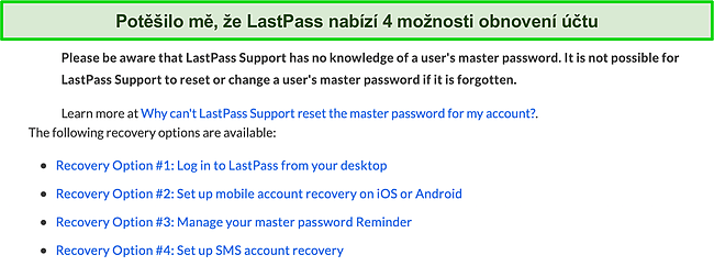 Snímek obrazovky možností obnovení účtu LastPass.