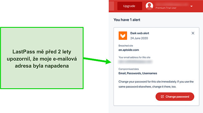 Snímek obrazovky upozornění na tmavém webu LastPass.