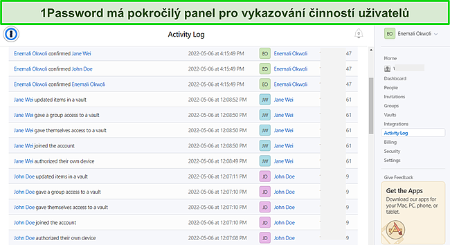 Snímek obrazovky protokolu aktivit 1Password's for Business.