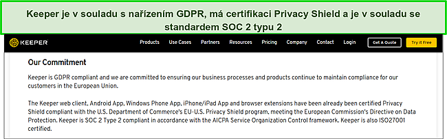 Certifikace Keeper's Privacy Shield a SOC 2 Type 2 a soulad s GDPR.