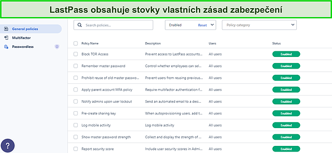 Snímek obrazovky hlavního panelu obecných zásad LastPass.