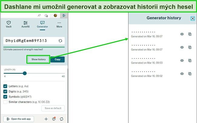 Snímek obrazovky generátoru hesel Dashlane