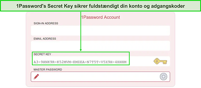 Skærmbillede af 1Password's Secret Key-konto login-side.