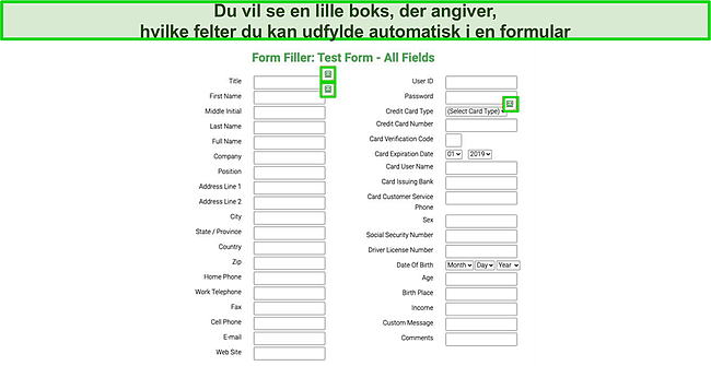 Skærmbillede af testformularen, der udfyldes automatisk af Roboforms autoudfyldningsfunktion.