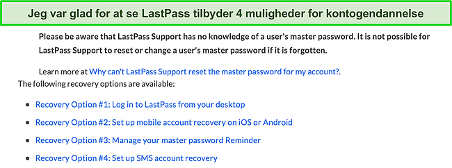 Skærmbillede af LastPass's kontogendannelsesmuligheder.