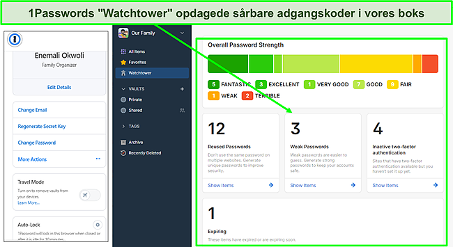 Skærmbillede af 1Passwords Watchtower-dashboard.