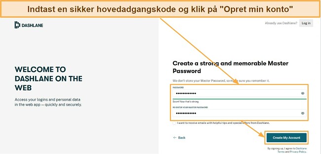 Indtast en sikker hovedadgangskode og klik på 'Opret min konto'