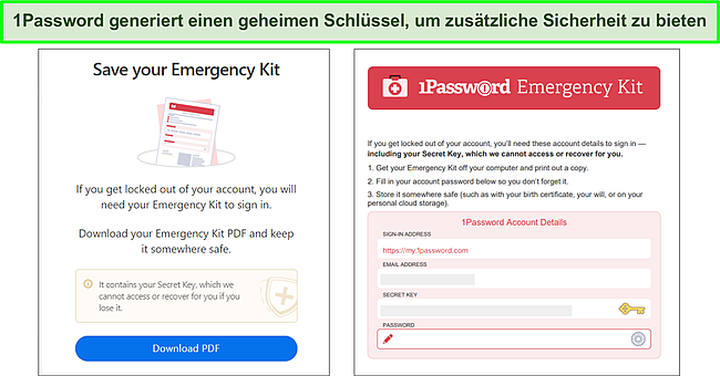 Das Notfall-Kit von 1Password mit dem geheimen Schlüssel.