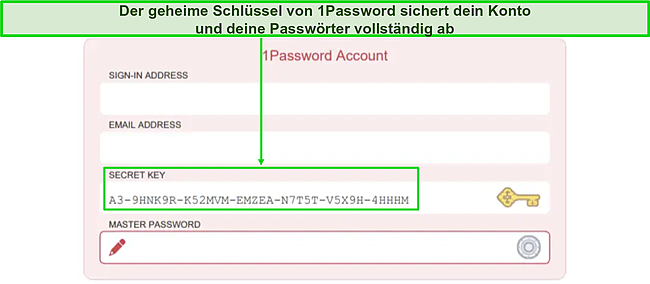 Screenshot der Anmeldeseite für das Secret Key-Konto von 1Password.