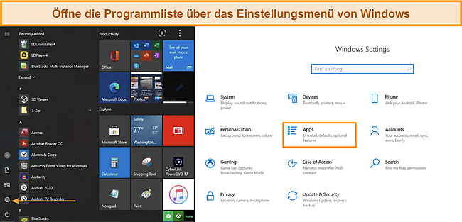 Screenshot des Menüs „Windows-Einstellungen“.