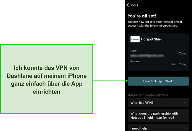 Screenshot der VPN-Einrichtung von Dashlane aus der App heraus.