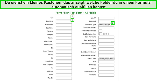 Screenshot des Testformulars, das von der automatischen Ausfüllfunktion von Roboform automatisch ausgefüllt wird.