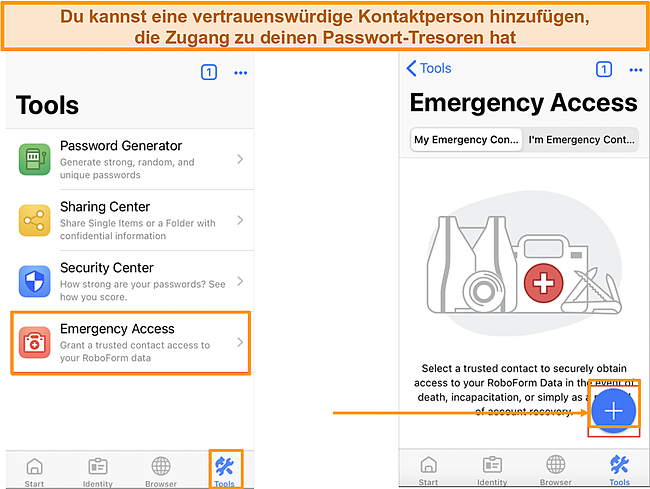 Screenshot von So fügen Sie Notfallzugriff in der iOS-App von Roboform hinzu.