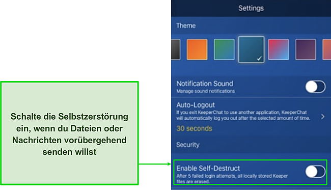 Screenshot der Selbstzerstörungs-Timer-Option von KeeperChat in .