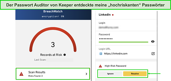 Screenshot von Keeper's Password Auditor, der schwache Passwörter erkennt.