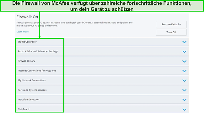Screenshot des Firewall-Dashboards von McAfee.