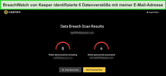 Screenshot der Datenverletzungsergebnisse des Dark-Web-Überwachungstools von Keeper.