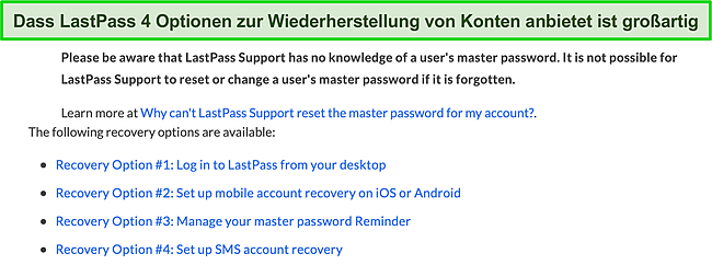 Screenshot der Kontowiederherstellungsoptionen von LastPass.