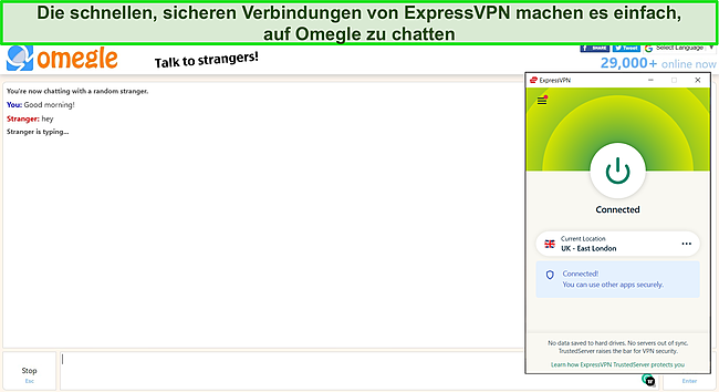 Screenshot von ExpressVPN, das mit einem britischen Server verbunden ist, wobei ein Omegle-Chat im Hintergrund aktiv ist.