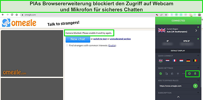 Screenshot der Chrome-Browsererweiterung von PIA, die mit einem britischen Server mit blockierten Mikrofon- und Webcam-Funktionen verbunden ist, wobei Omegle im Hintergrund auch zeigt, dass Webcam und Mikrofon blockiert sind.