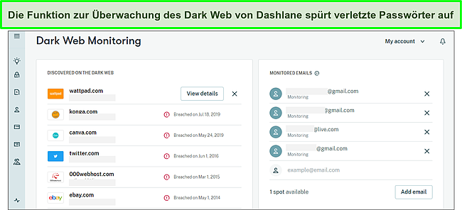 Verwendung von Dashlane’s Dark Web Monitoring, um gebrochene Passwörter zu verfolgen.