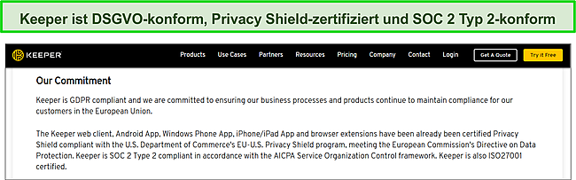 Keeper Privacy Shield-Zertifizierung und SOC 2 Typ 2- und DSGVO-Konformität.