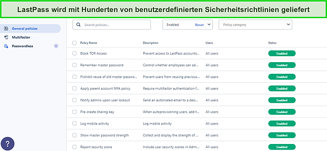 Screenshot des Dashboards „Allgemeine Richtlinien“ von LastPass.