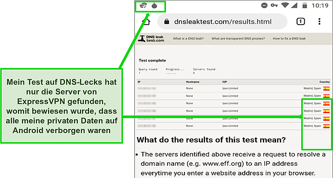 Screenshot eines erfolgreichen DNS-Tests auf Android, während ExpressVPN mit einem Server in Madrid verbunden ist.