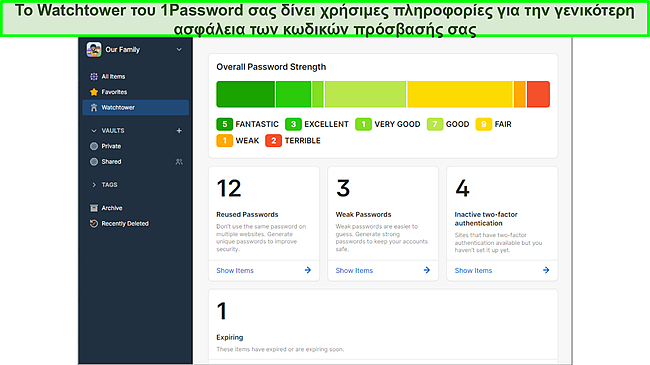 Χρήση του Watchtower του 1Password για την παρακολούθηση της ασφάλειας του κωδικού πρόσβασης.