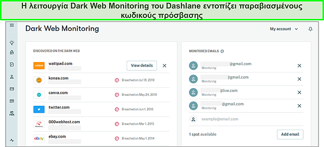 Χρήση του Dark Web Monitoring του Dashlane για την παρακολούθηση παραβιασμένων κωδικών πρόσβασης.