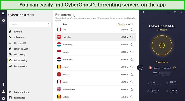Screenshot of CyberGhost VPN app showing the list of servers optimized for torrenting