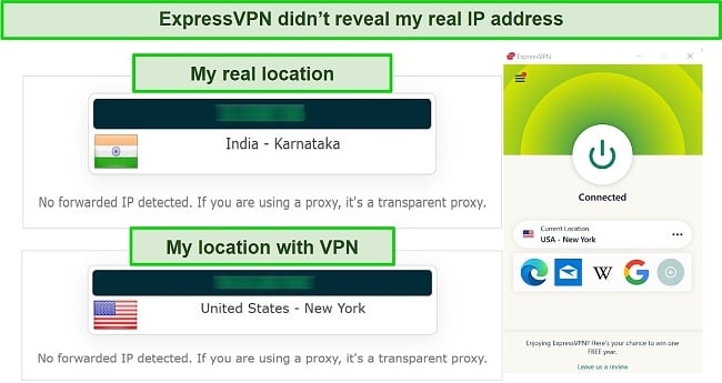 Screenshot of IP/DNS leak test on a free tool while connected to ExpressVPN