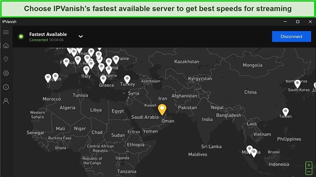 Screenshot of IPVanish VPN interface connected to the fastest server available