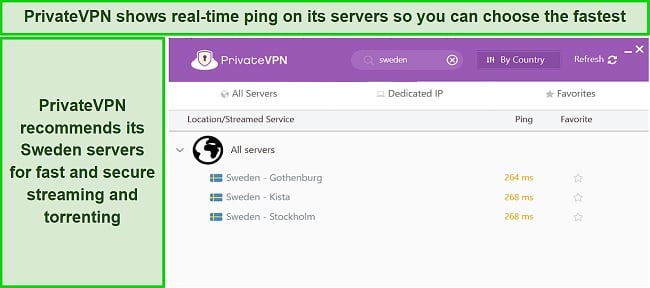 Screenshot of PrivateVPN's Sweden servers showing real-time ping