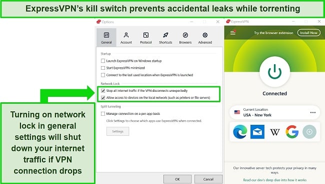 Screenshot of ExpressVPN's windows app showing network lock turned on