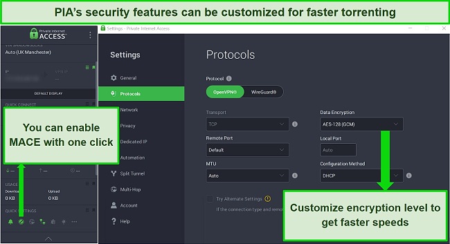 Screenshot of PIA interface showing customizable security settings and MACE feature turned on