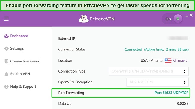 Screenshot of PrivateVPN's interface with enabled port forwarding feature