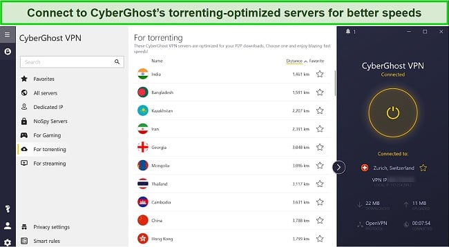 Screenshot of CyberGhost's Windows app showing torrenting-optimized servers